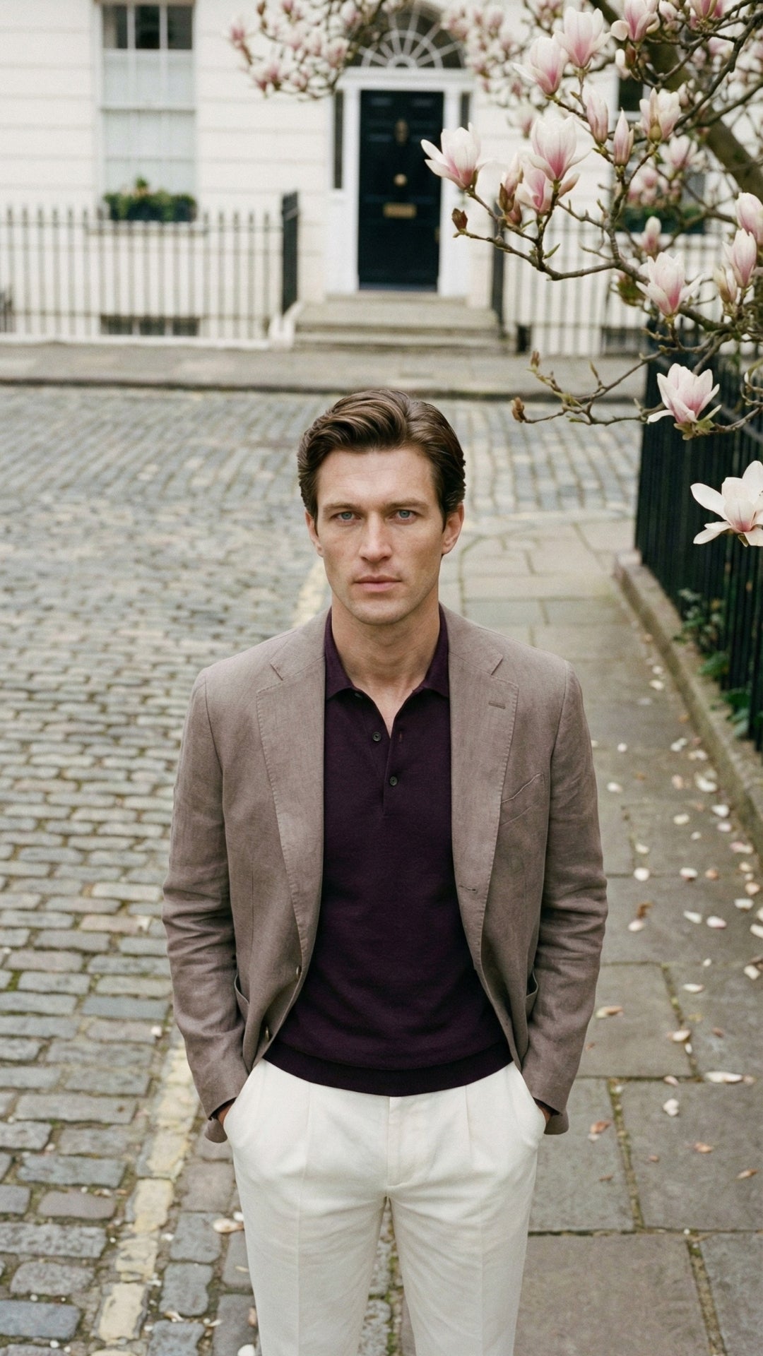 Man standing on a cobbled street with cherry blossoms in the background